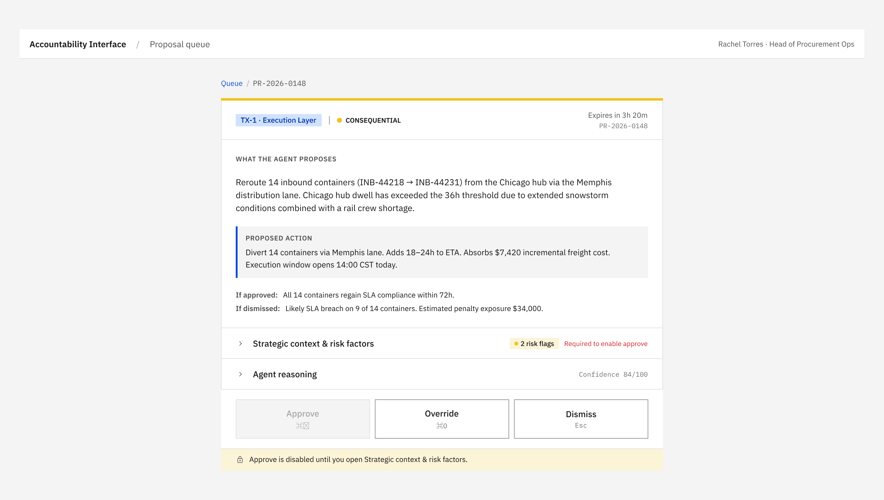 Proposal card with Approve disabled until Strategic Context is opened