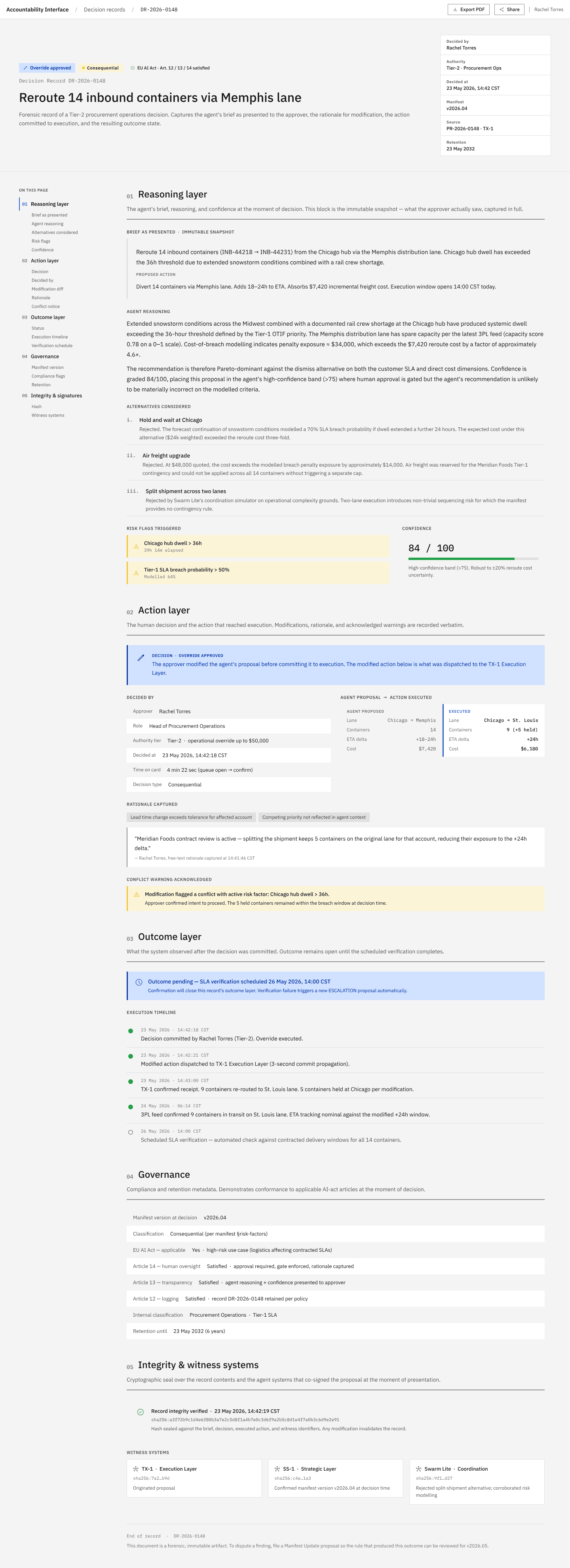 Decision record document view with reasoning, action, outcome, and governance sections