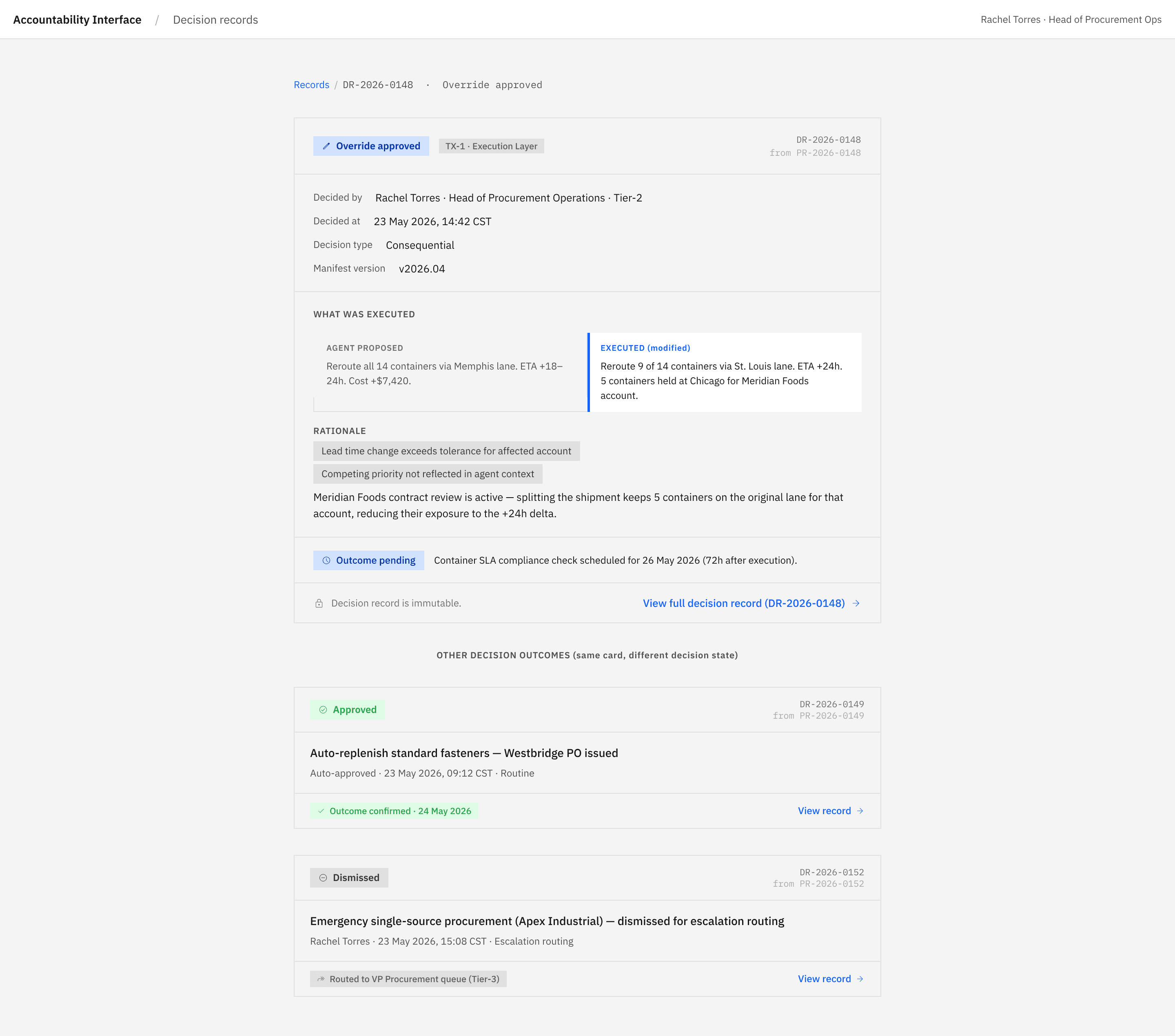 Decision summary card showing override approved with before/after action