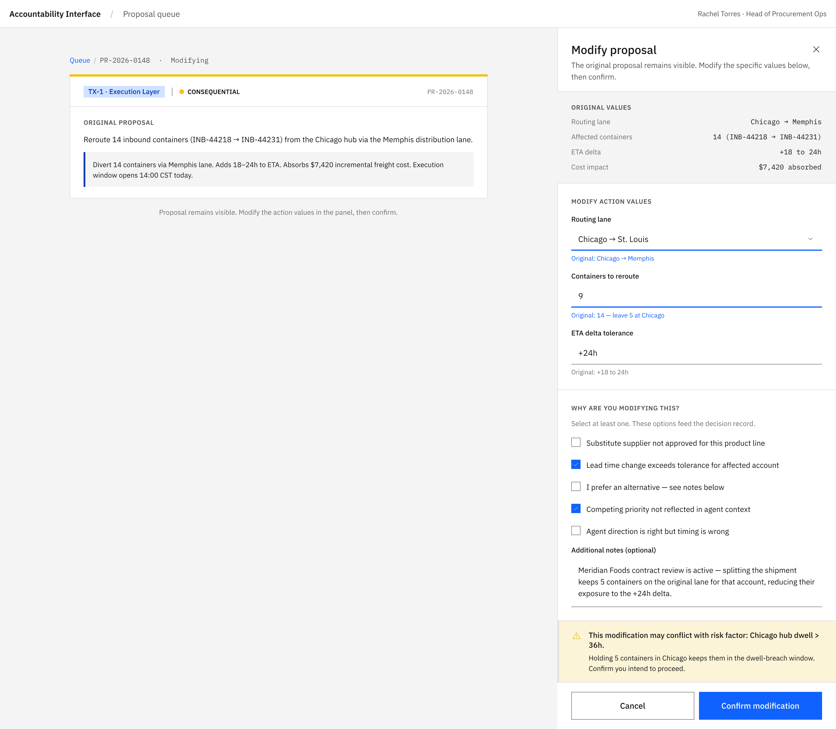 Override panel docked beside the proposal card, with edited fields and rationale checkboxes