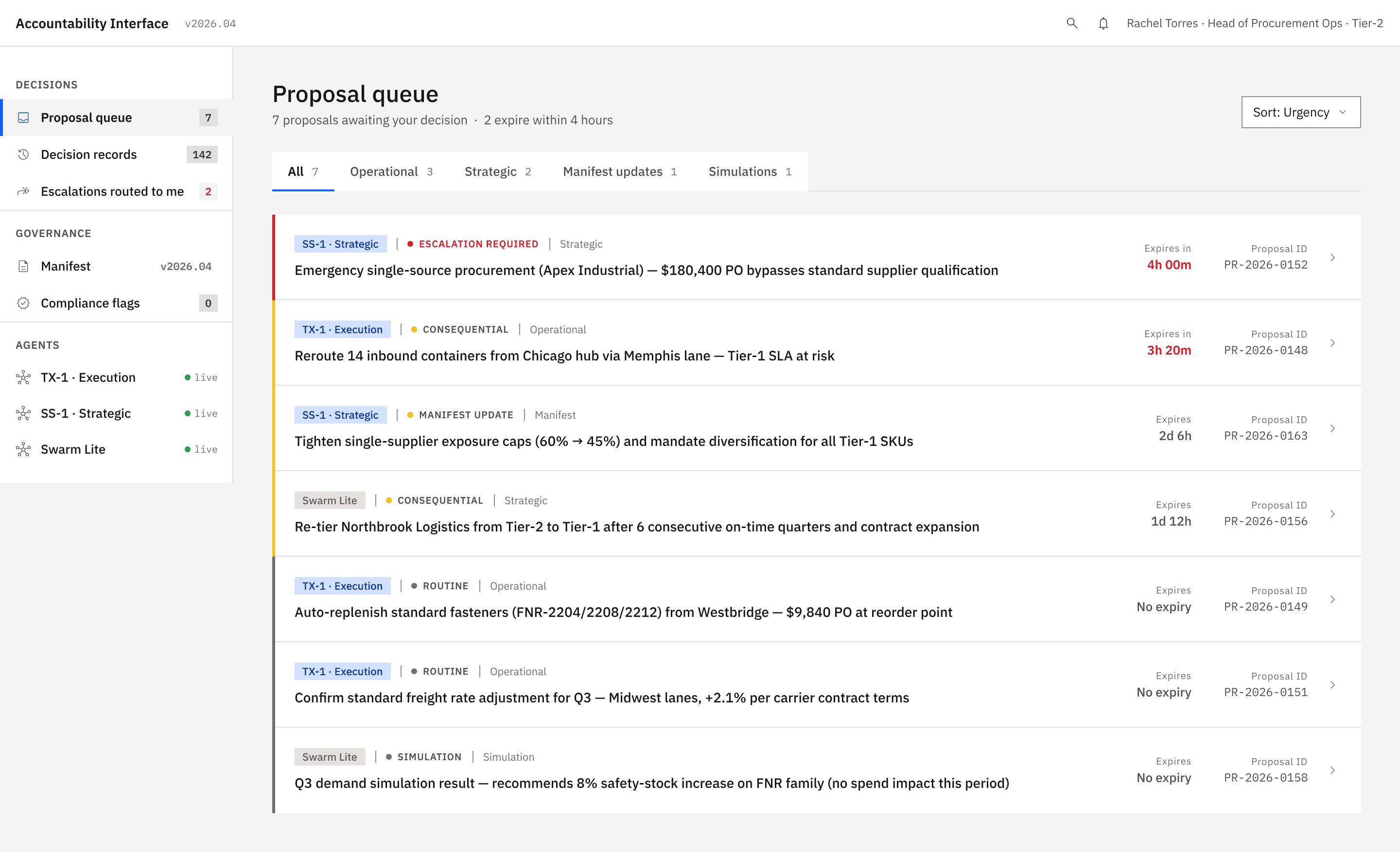 Inbox view showing seven inbound proposals with decision-type accent strips